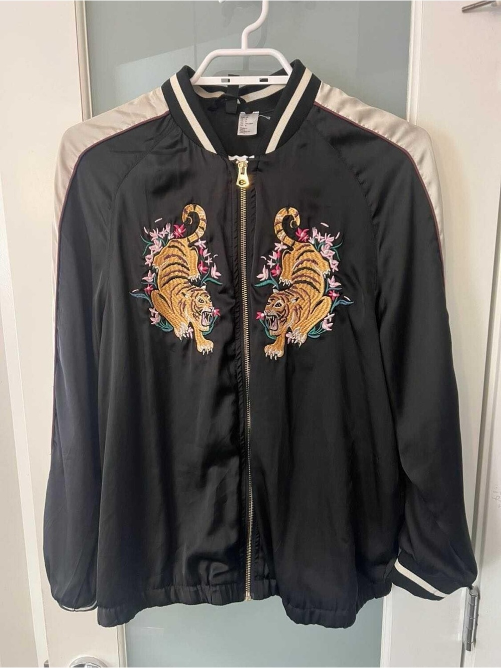 Divided Black Satin Bomber Jacket with Tiger Embroidery